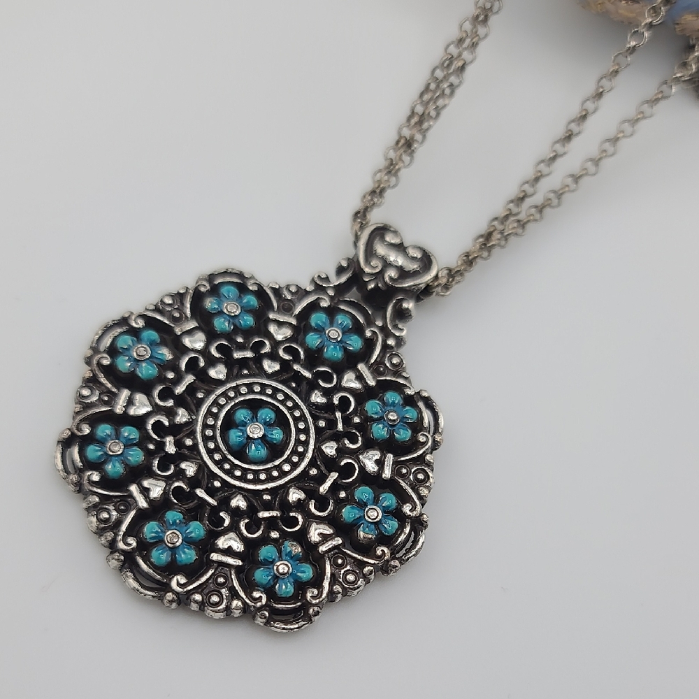 $118 Brighton "Lucia" Turquoise Floral Medallion Pend w Swarovski Crystal Detail